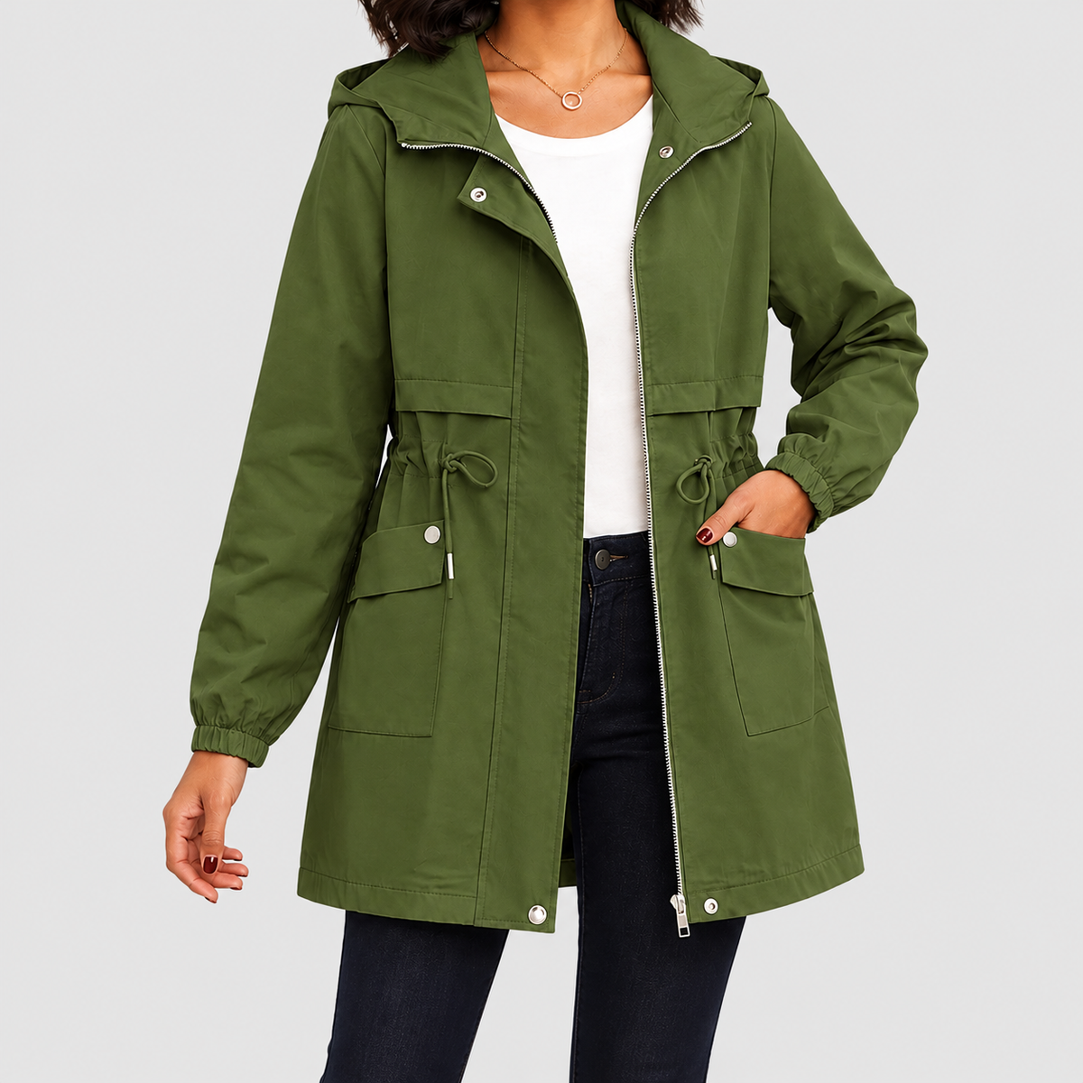 Yvonne | Women’s Hooded Trench Coat with Drawstring Waist — Army Green