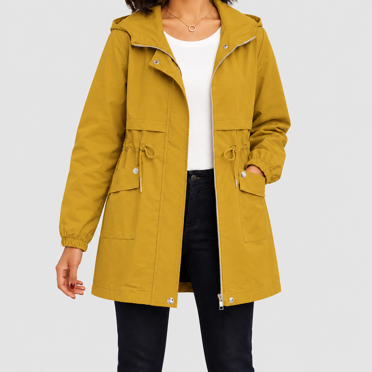 Yvonne | Women’s Hooded Trench Coat with Drawstring Waist — Turmeric