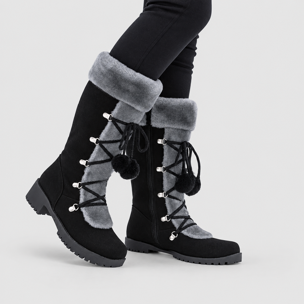 Zara | Women’s Lace-Up Winter Boots with Pom-Pom Ties — Black