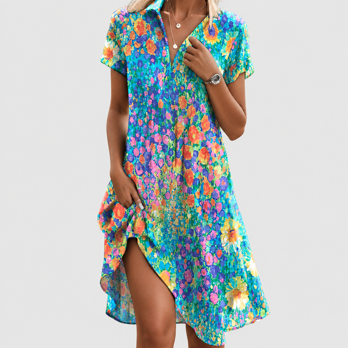 Zinnia | Women’s Printed Short-Sleeve Spring Dress — Multicolour