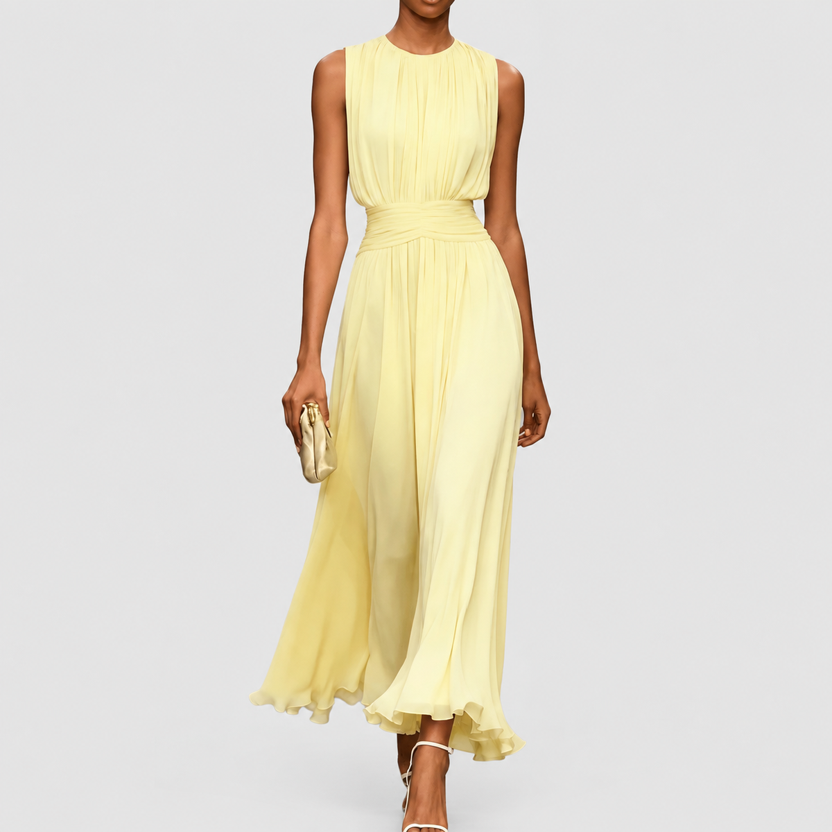 Naomi | Women’s Wedding Guest Dress - Maxi Pleated Ruched Waist — yellow