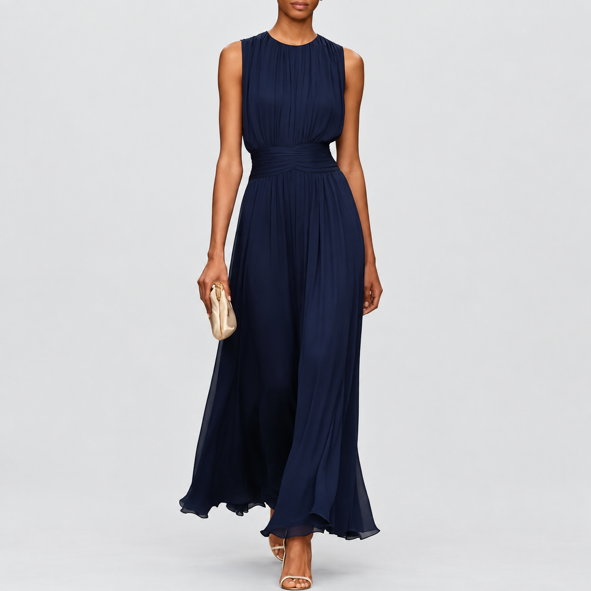 Naomi | Women’s Wedding Guest Dress - Maxi Pleated Ruched Waist — dark blue