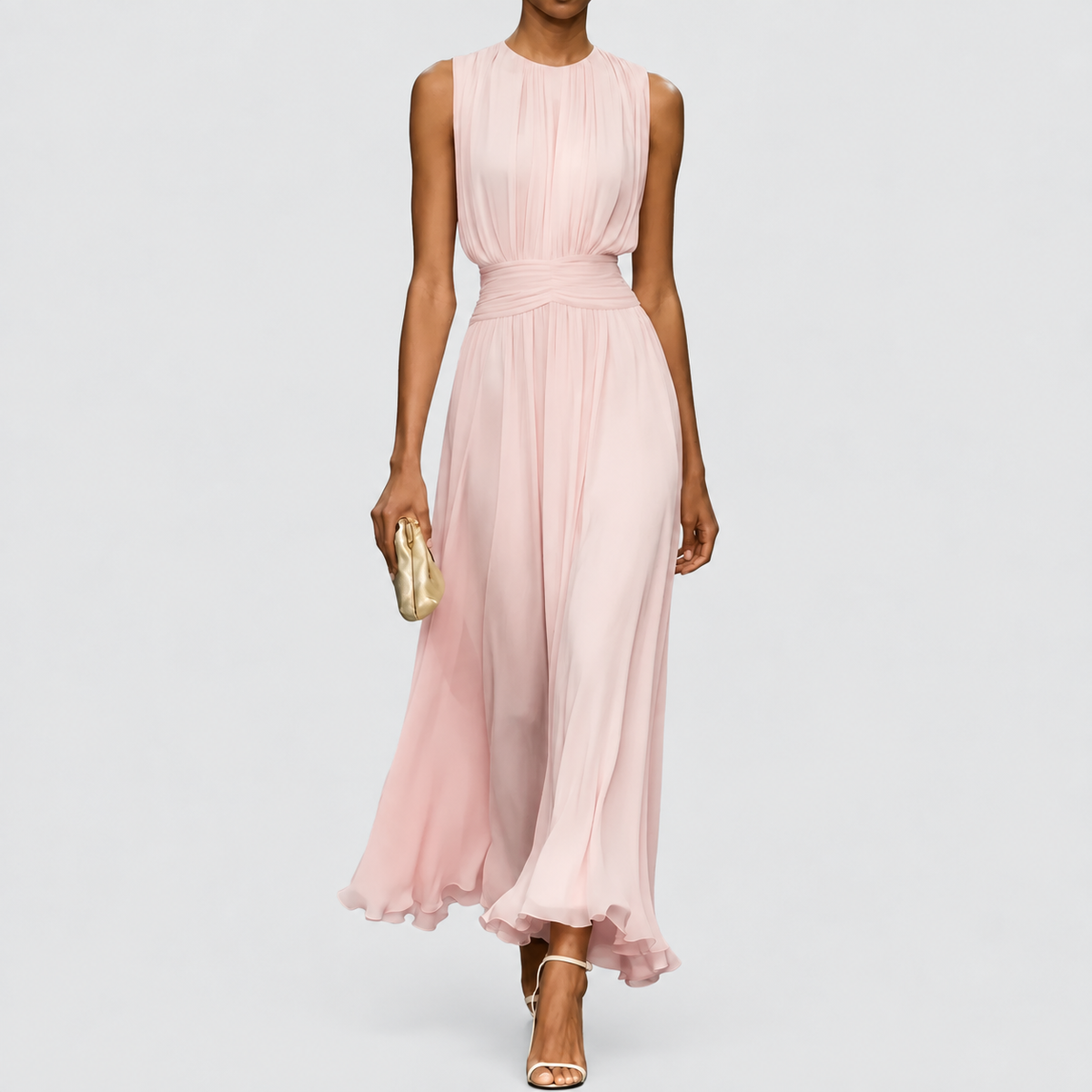 Naomi | Women’s Wedding Guest Dress - Maxi Pleated Ruched Waist — pink