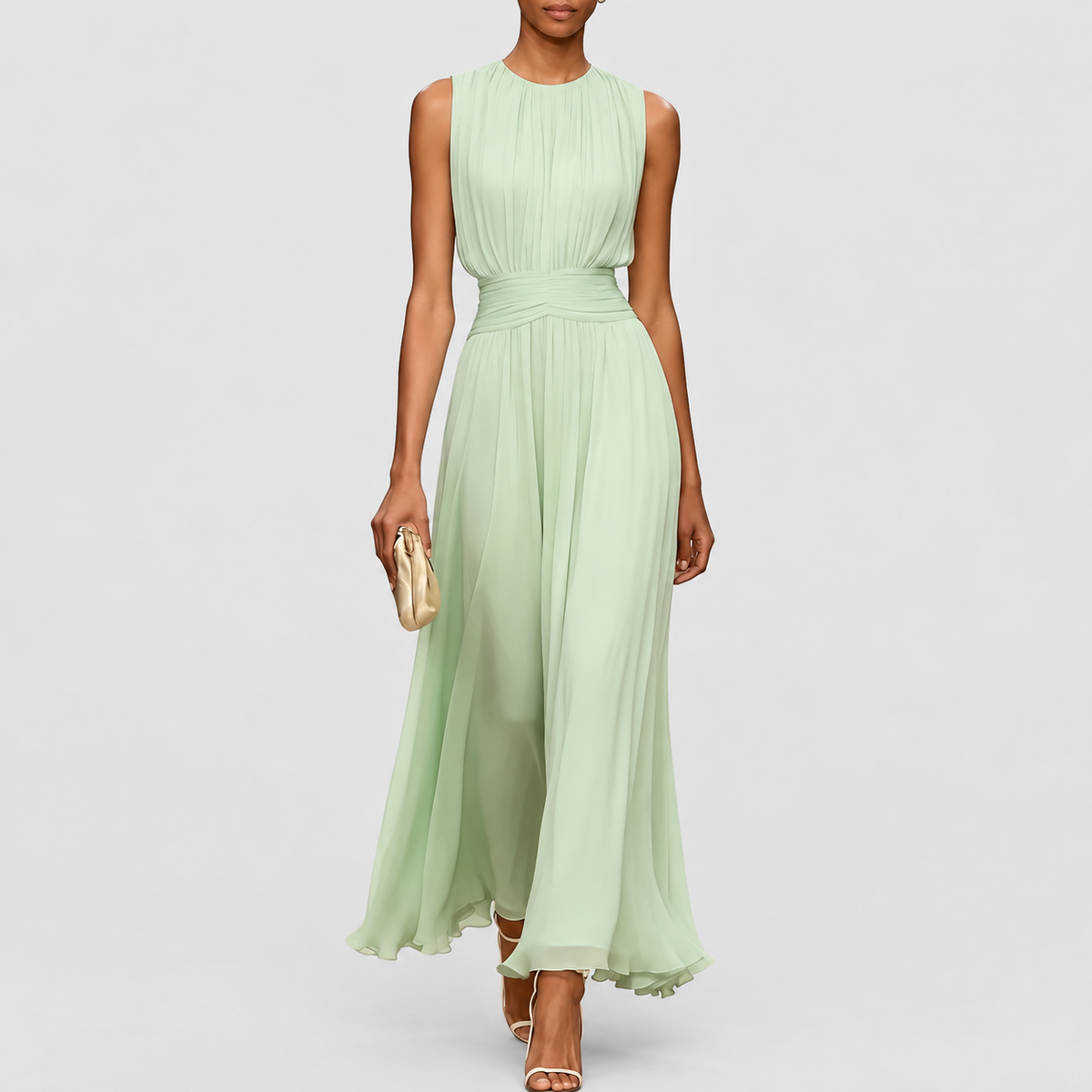 Naomi | Women’s Wedding Guest Dress - Maxi Pleated Ruched Waist — mint
