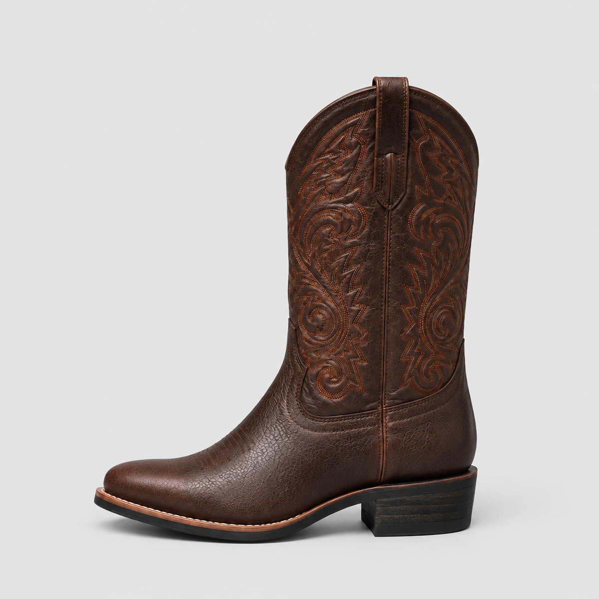 Ruby | Brown Boots for Women - Western Embroidered Leather-Look Cowboy — side view showing stacked heel