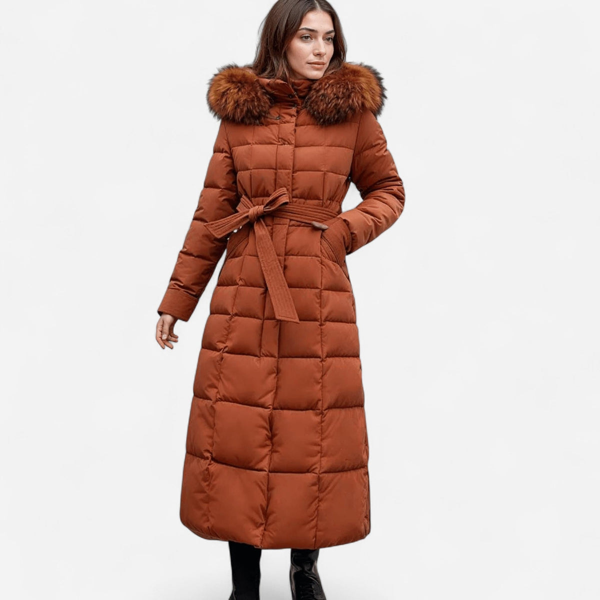 Saskia | Women’s Longline Puffer Jacket with Tie Belt