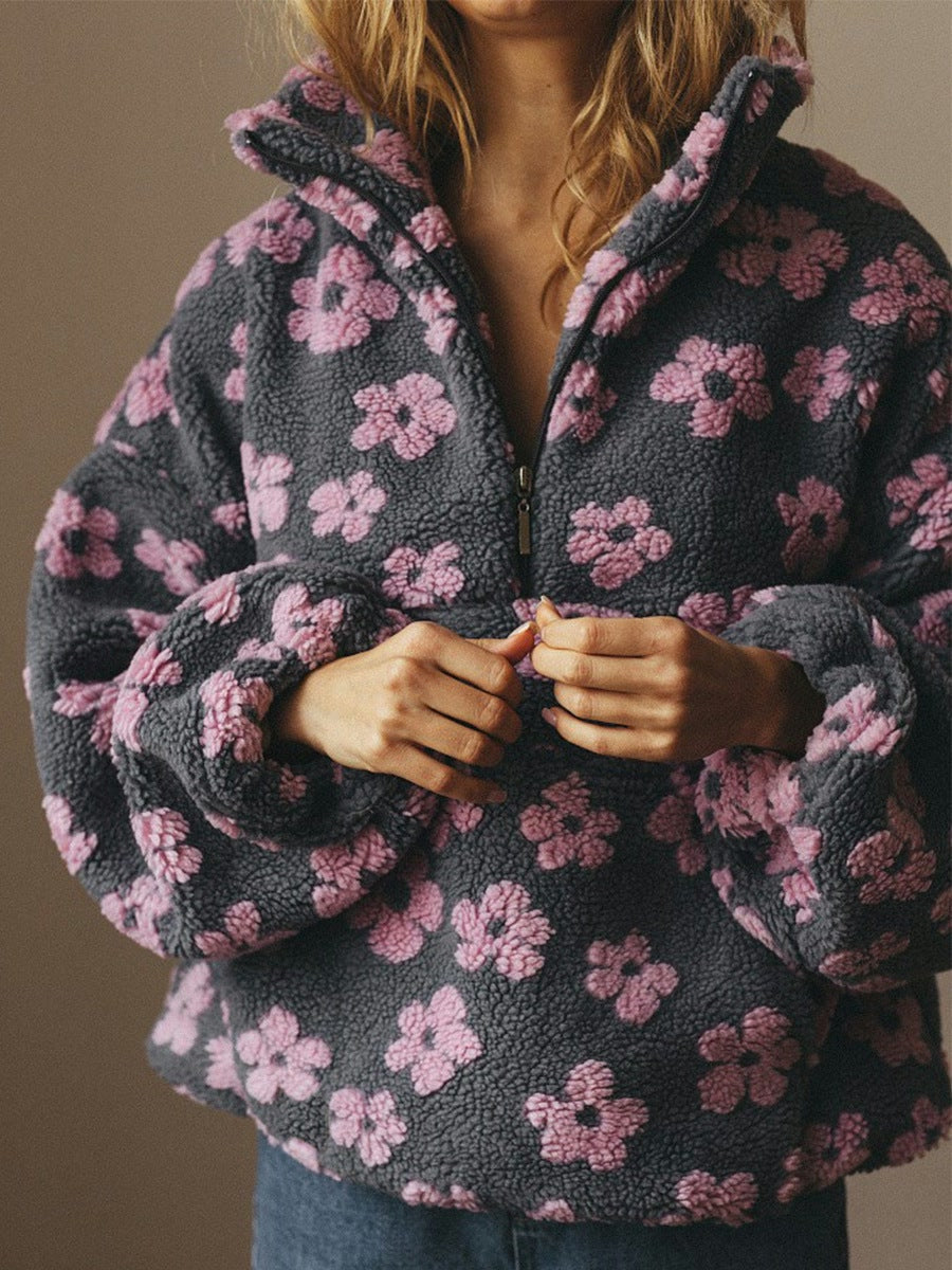 Sunniva | Women’s Floral Sherpa Half-Zip Pullover with Pouch Pocket
