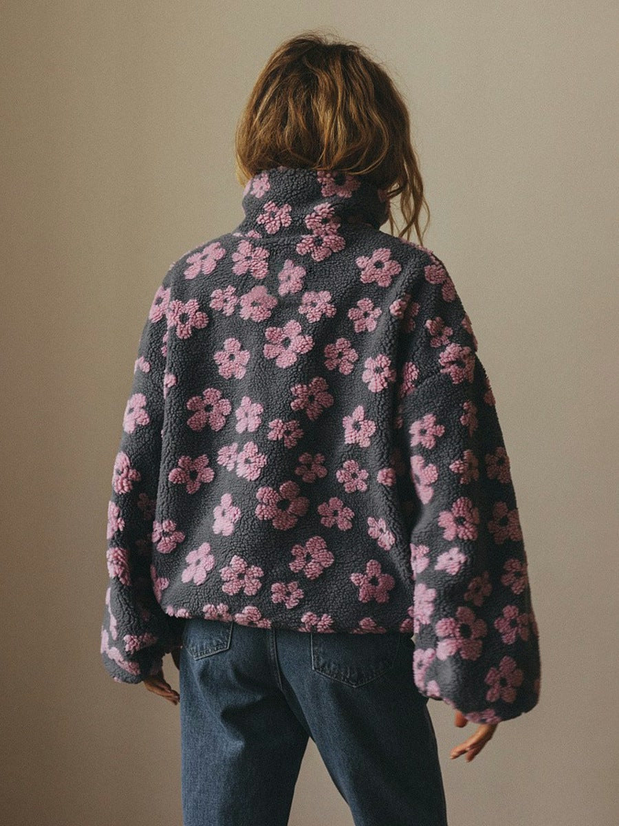 Sunniva | Women’s Floral Sherpa Half-Zip Pullover with Pouch Pocket