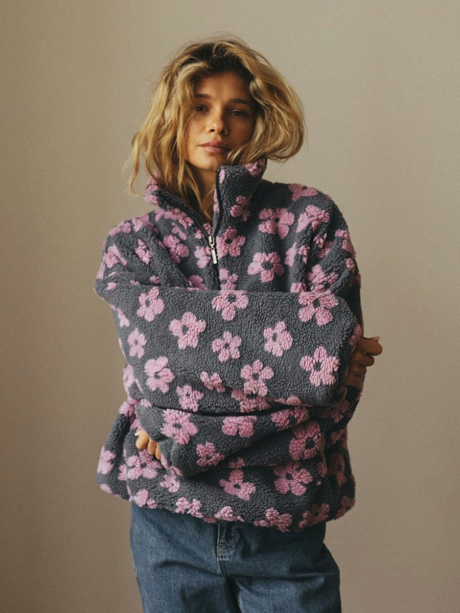 Sunniva | Women’s Floral Sherpa Half-Zip Pullover with Pouch Pocket