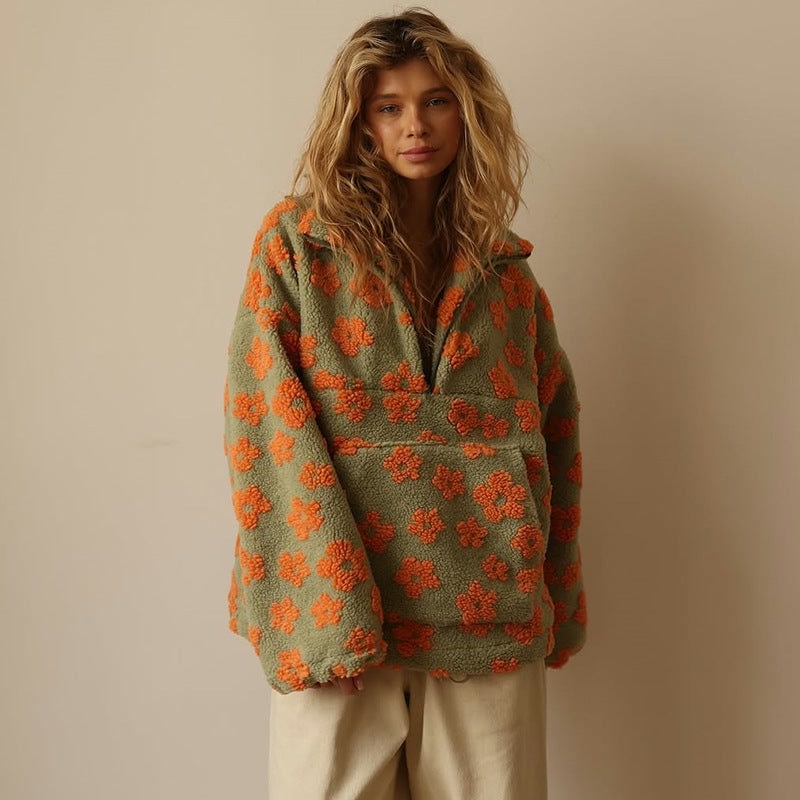 Sunniva | Women’s Floral Sherpa Half-Zip Pullover with Pouch Pocket