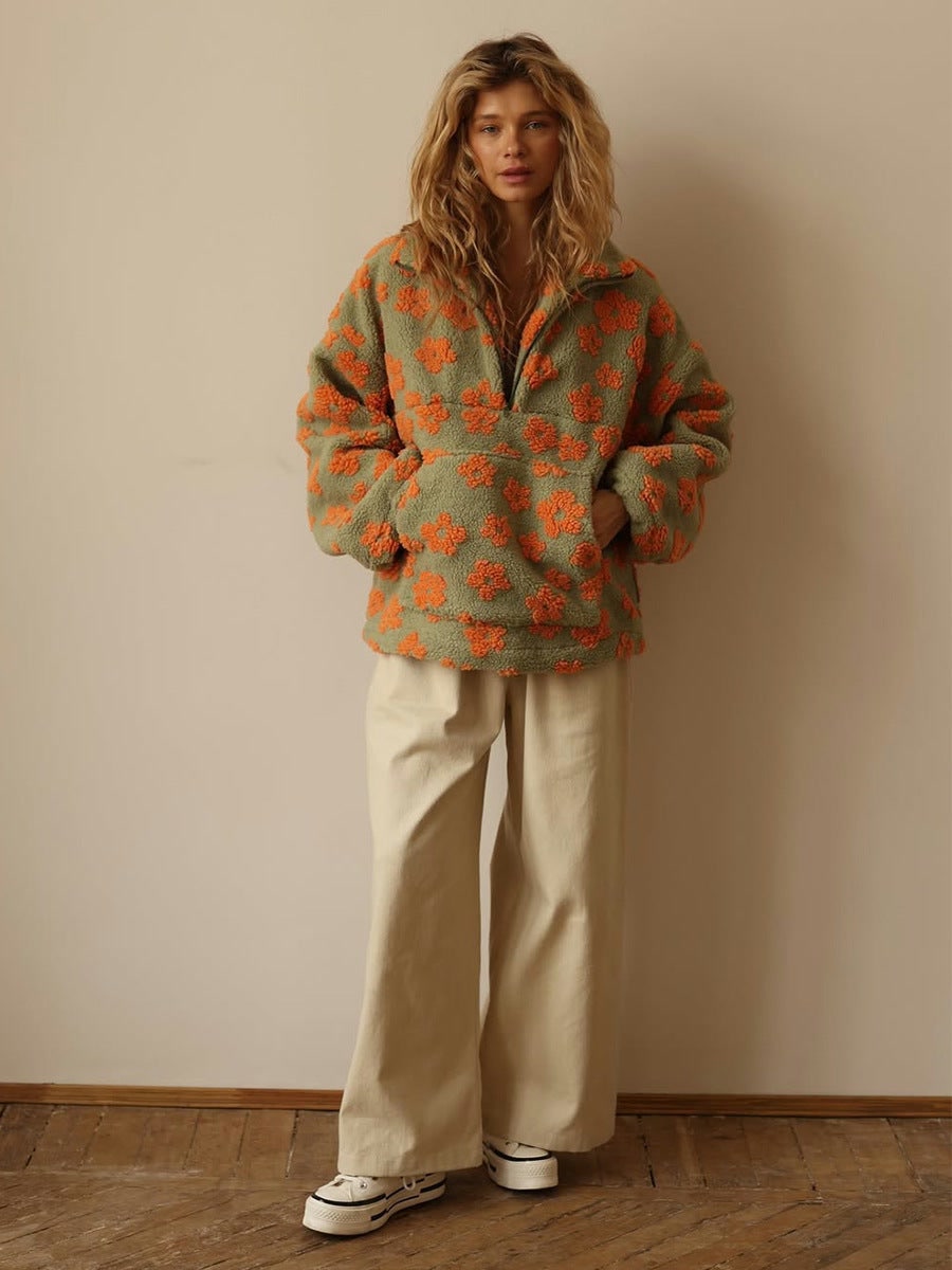 Sunniva | Women’s Floral Sherpa Half-Zip Pullover with Pouch Pocket
