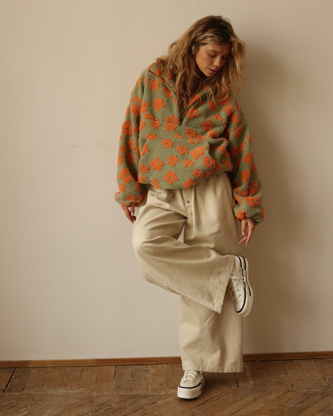 Sunniva | Women’s Floral Sherpa Half-Zip Pullover with Pouch Pocket
