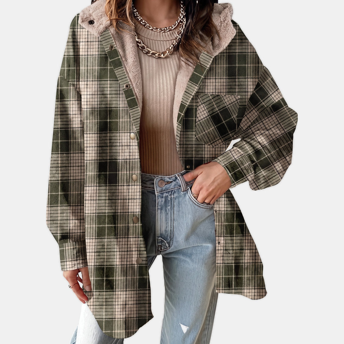 Nell | Women’s Plaid Flannel Shirt Jacket with Sherpa Hood