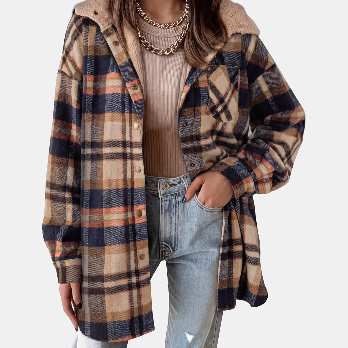 Nell | Women’s Plaid Flannel Shirt Jacket with Sherpa Hood
