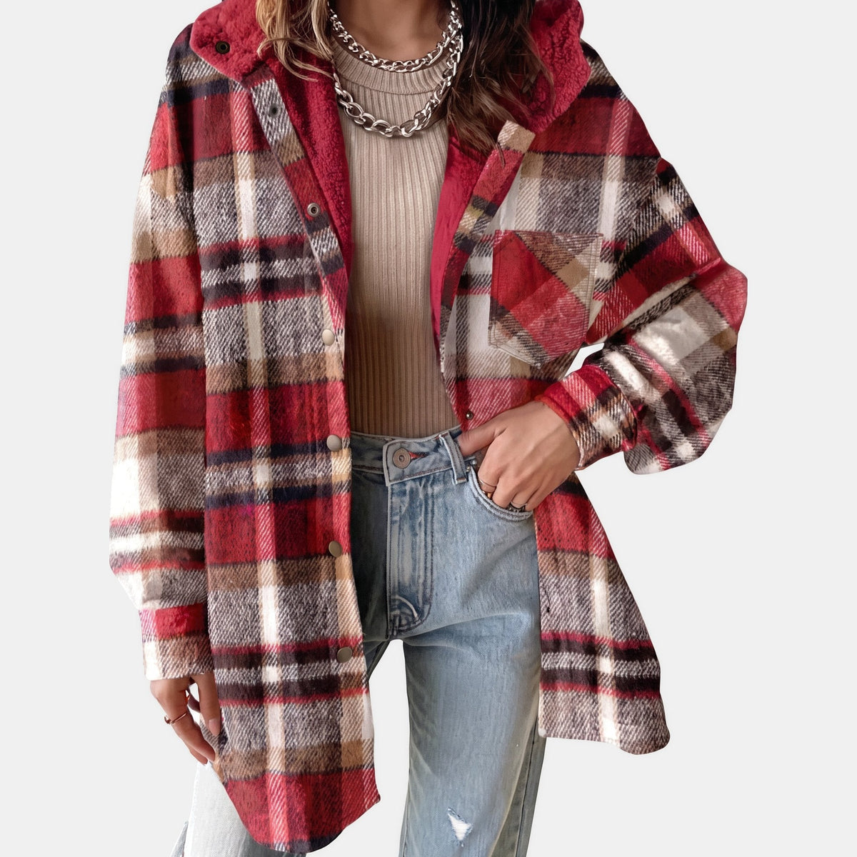 Nell | Women’s Plaid Flannel Shirt Jacket with Sherpa Hood
