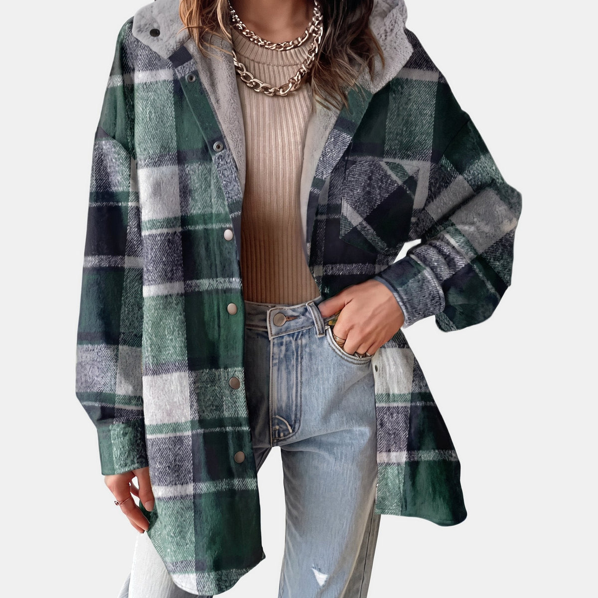 Nell | Women’s Plaid Flannel Shirt Jacket with Sherpa Hood