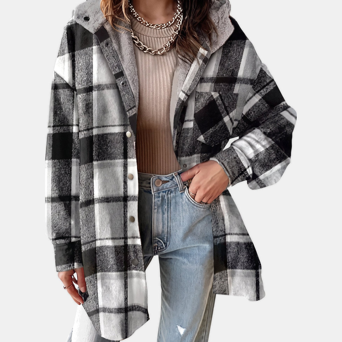 Nell | Women’s Plaid Flannel Shirt Jacket with Sherpa Hood