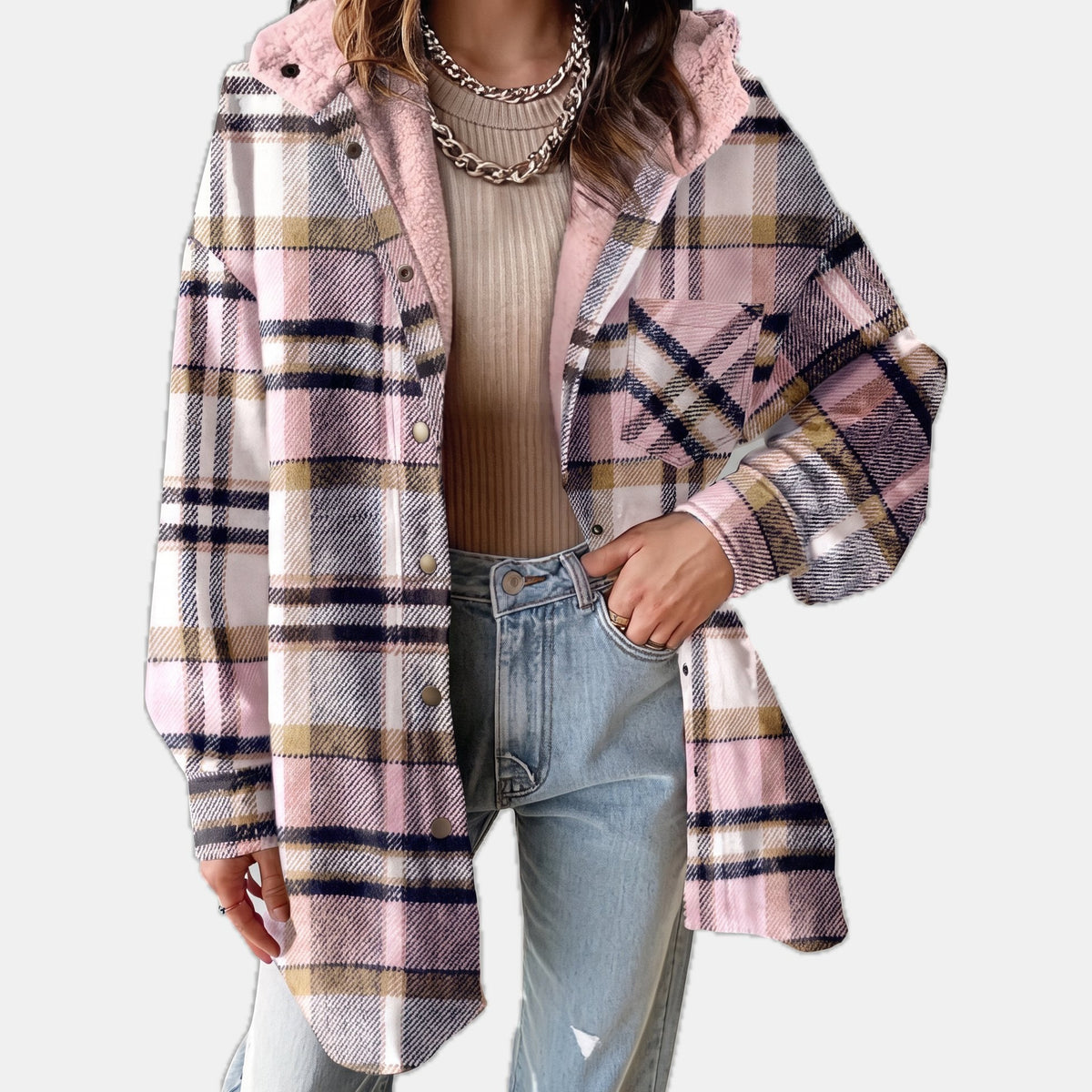Nell | Women’s Plaid Flannel Shirt Jacket with Sherpa Hood