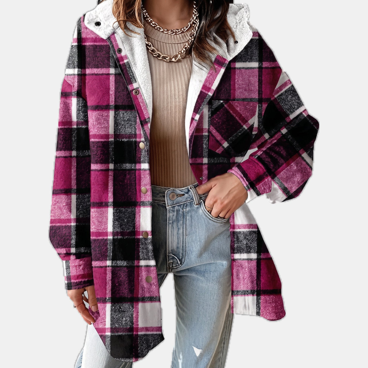 Nell | Women’s Plaid Flannel Shirt Jacket with Sherpa Hood