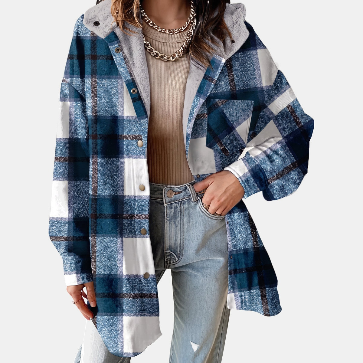 Nell | Women’s Plaid Flannel Shirt Jacket with Sherpa Hood