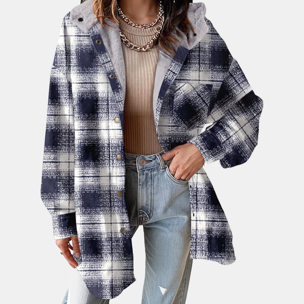 Nell | Women’s Plaid Flannel Shirt Jacket with Sherpa Hood